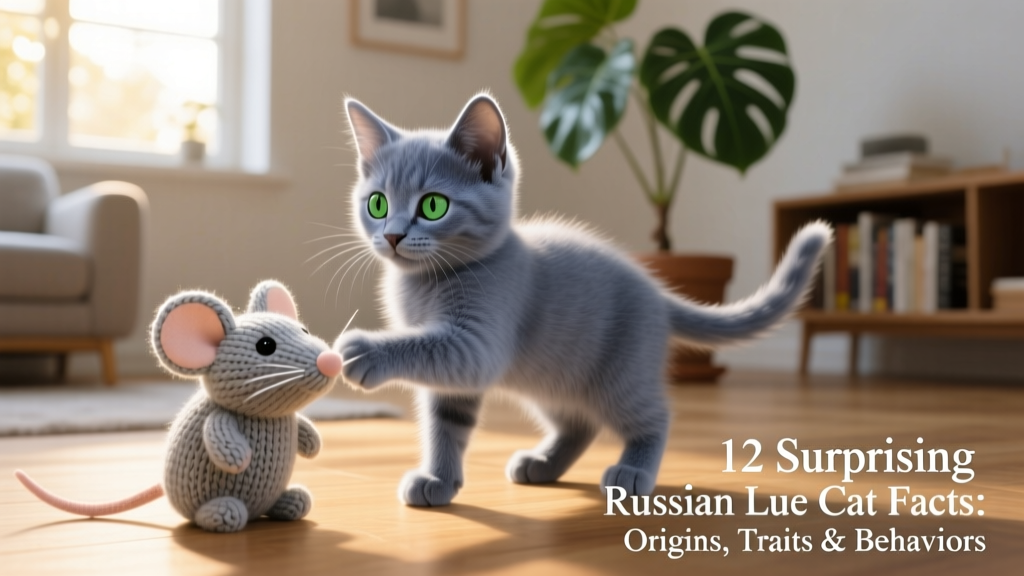 A Russian Blue kitten playing gently with a soft toy, highlighting its playful yet reserved temperament
