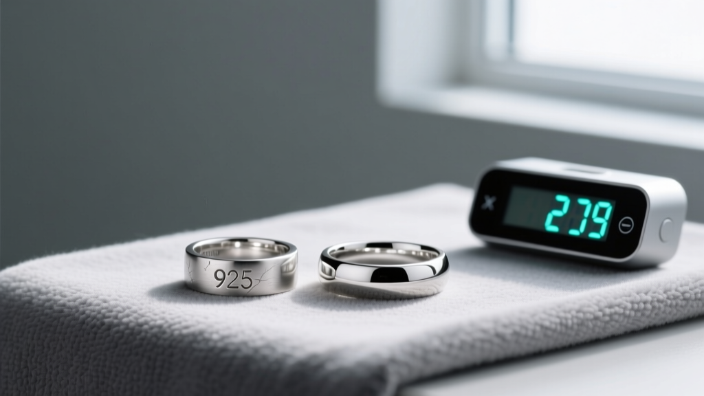 A dull 925 sterling silver ring and a polished silver ring resting side-by-side on a grey microfiber cloth next to a digital timer