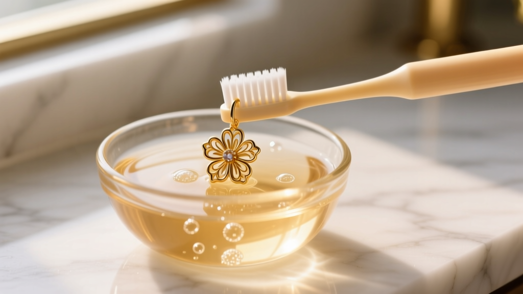 Soft-bristled baby toothbrush gently scrubbing a gold-plated floral earring submerged in a small glass bowl of warm soapy water.