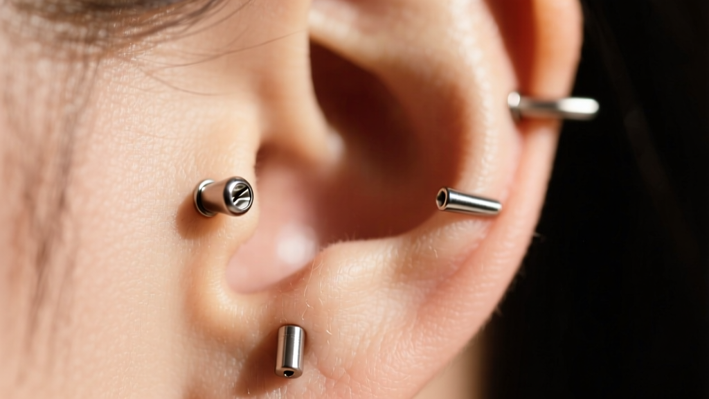 Close-up photo showing exact millimeter spacing between three lobe piercings, highlighting 18-gauge titanium threadless stud ends.