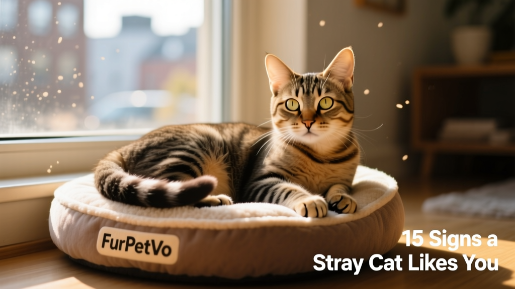 A confident, healthy-looking stray cat resting on a FurPetVo cat bed beside a sunny window, tail curled neatly around paws
