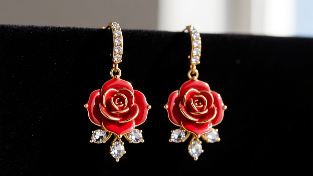 Close-up of red enamel Betsey Johnson rose dangle earrings with gold hardware and glass rhinestones on a black velvet backdrop.
