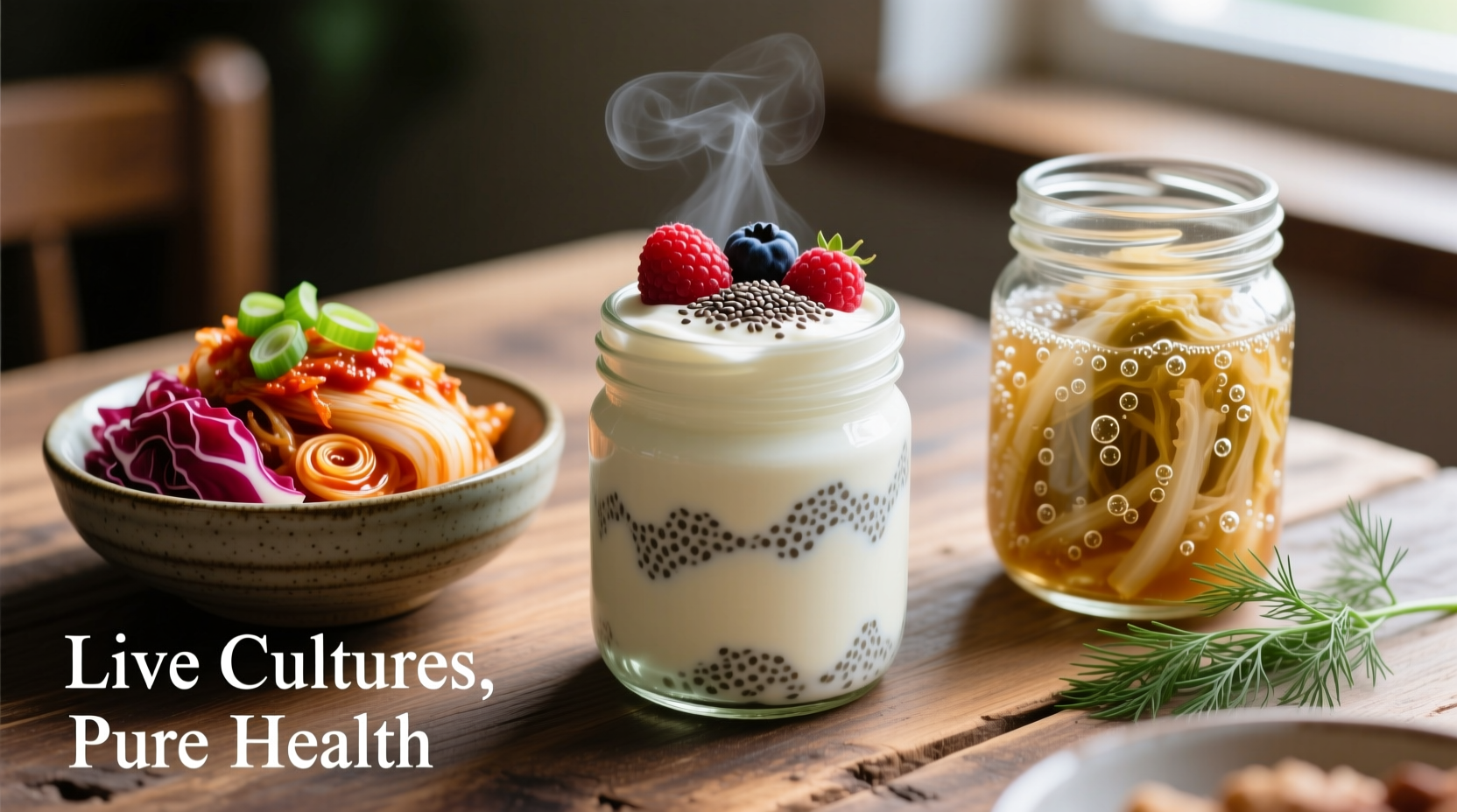 Variety of probiotic foods including yogurt, kimchi, and sauerkraut