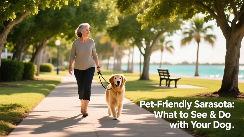 A person walking their dog along a tree-lined, paved trail with lush greenery and sunlight filtering through the canopy