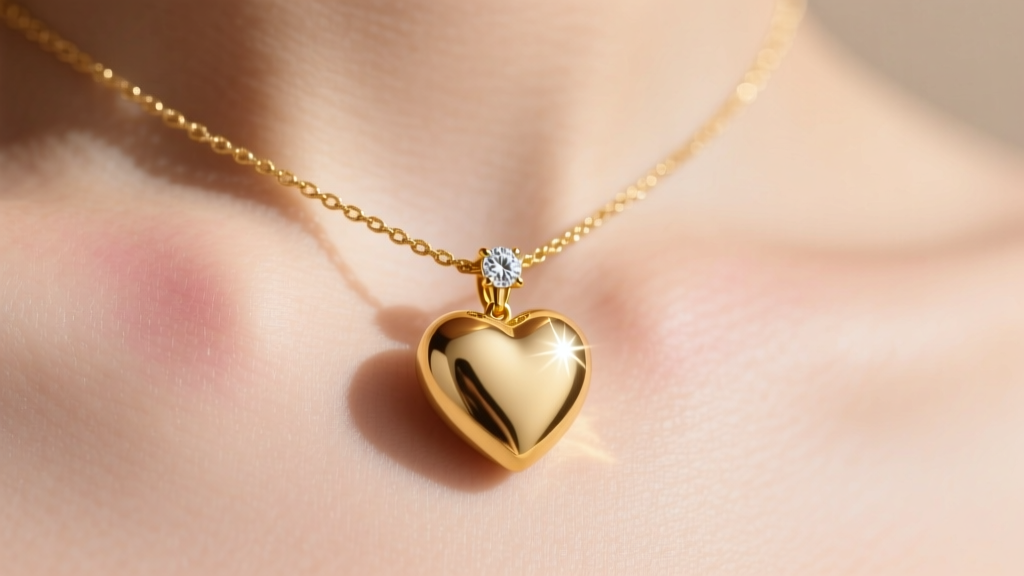 Solid 15mm gold puffy heart on a rope chain, layered with a delicate diamond solitaire resting against warm skin.