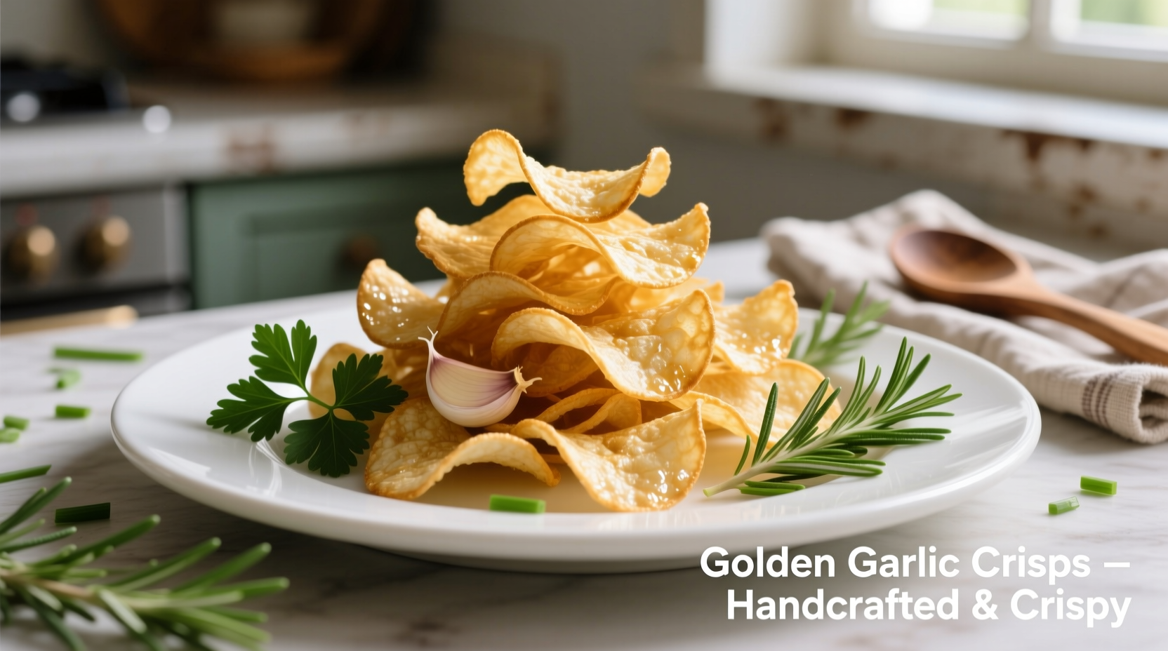 Golden garlic crisps on white plate with fresh herbs