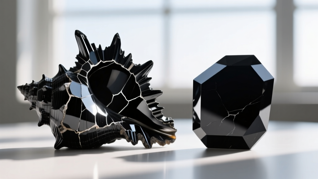Macro photo comparing the conchoidal fracture of raw Whitby jet against the smooth, glassy reflection of faceted black onyx