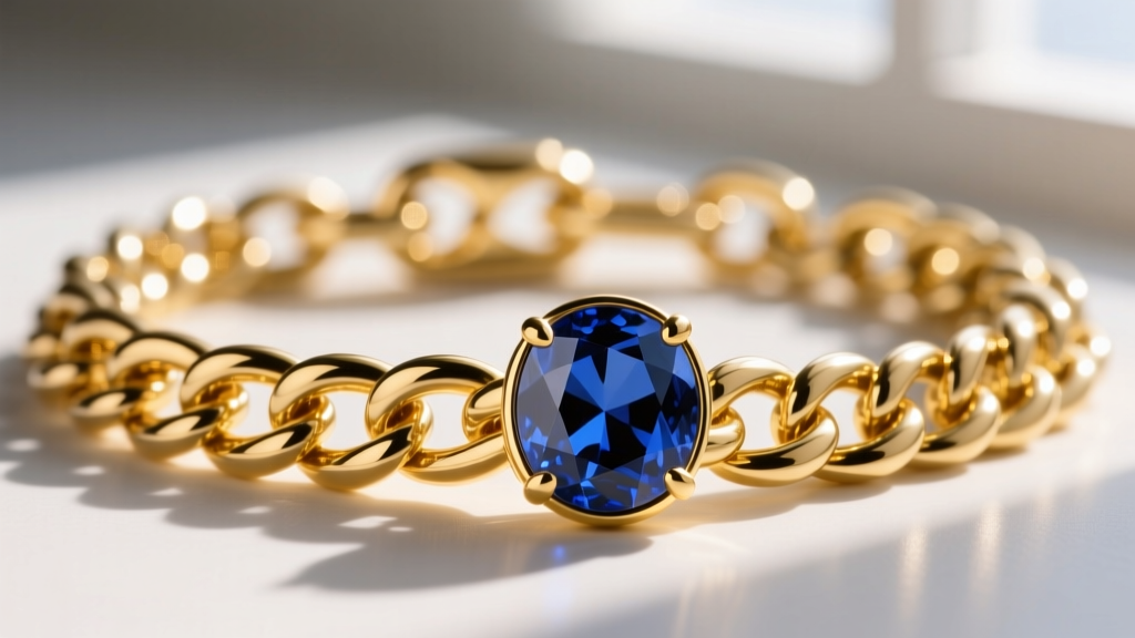 Macro close-up of a heavy 3mm 18k yellow gold curb chain with a secure lobster clasp holding a large bezel-set sapphire pendant