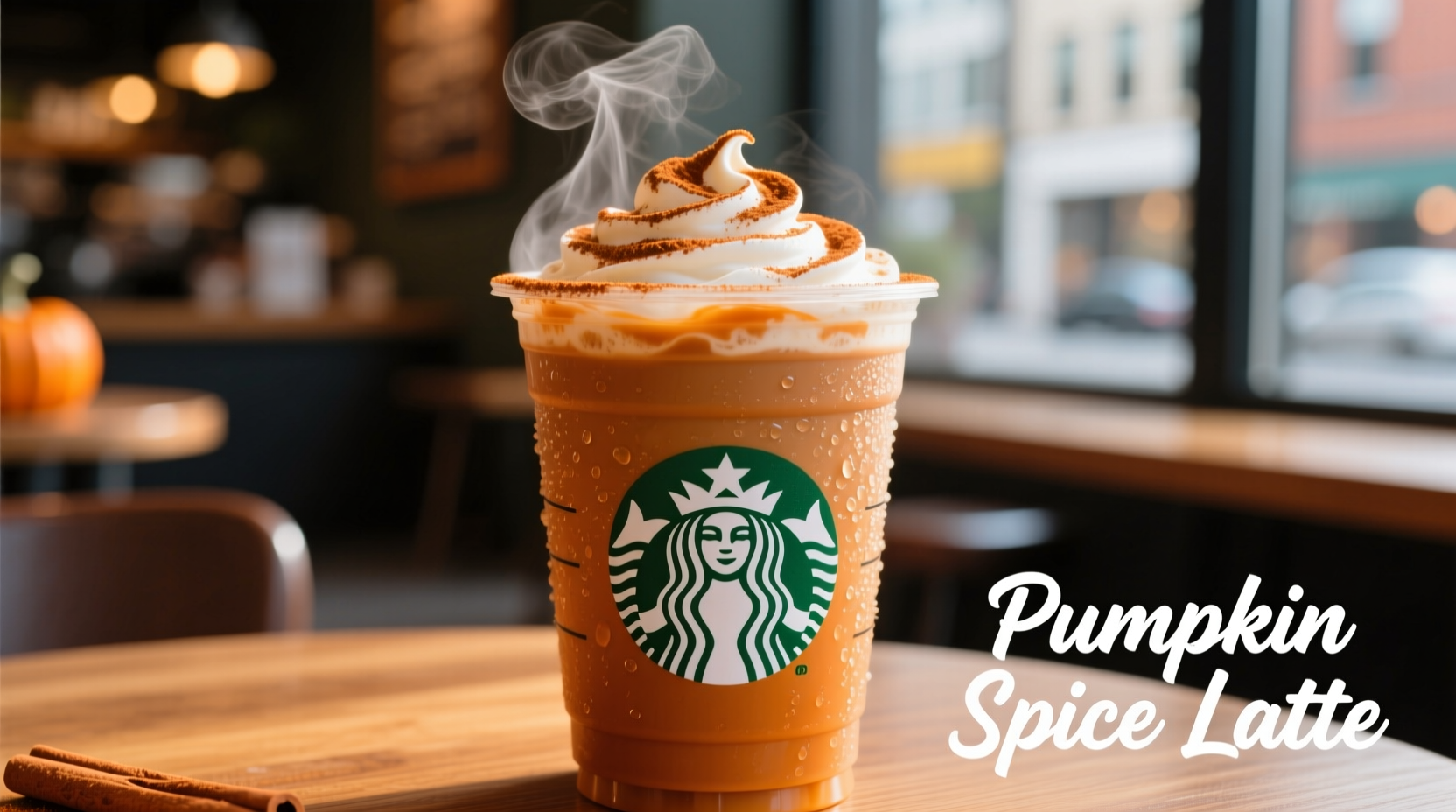 Pumpkin spice latte in Starbucks cup with cinnamon