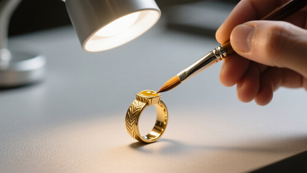 A jeweler using a fine brush to apply plating solution to a worn gold vermeil ring, illuminated by a bright magnifying desk light