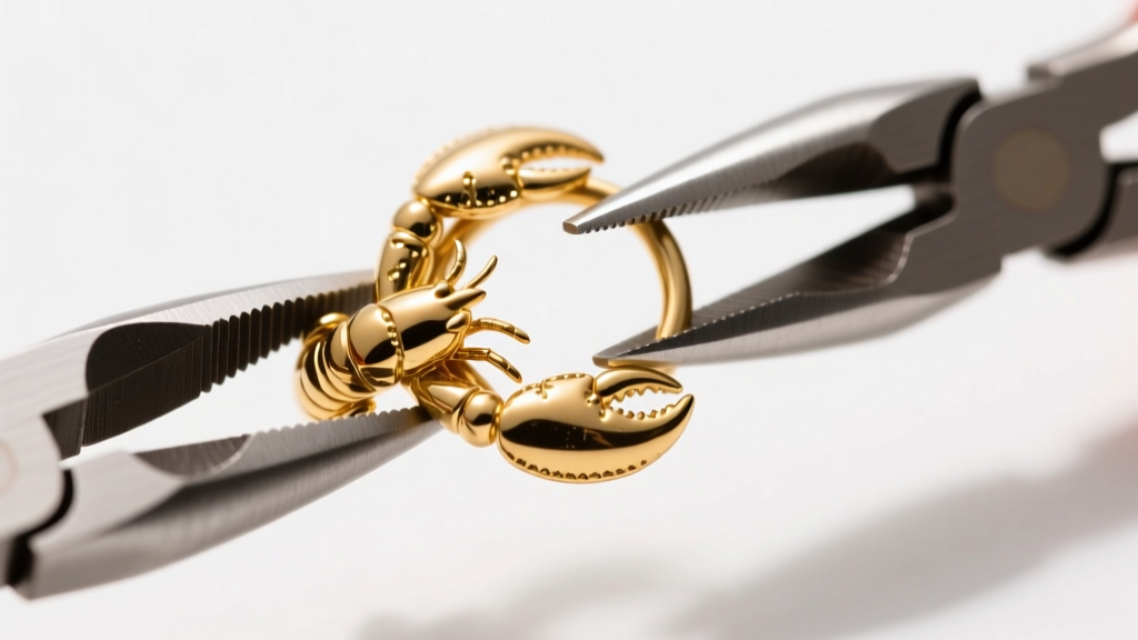 Macro shot of a 14k gold filled lobster claw clasp attached to an 18-gauge open jump ring using two pairs of flat nose pliers