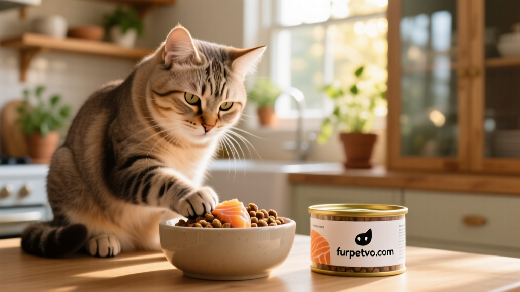 Happy senior cat grooming herself beside a bowl of food topped with FurPetVo salmon oil, with a clear 'furpetvo.com' logo subtly visible on the product label