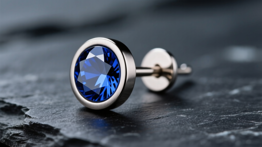 Macro shot of a 20-gauge titanium small stud earring with bezel-set sapphire on dark slate under soft studio lighting