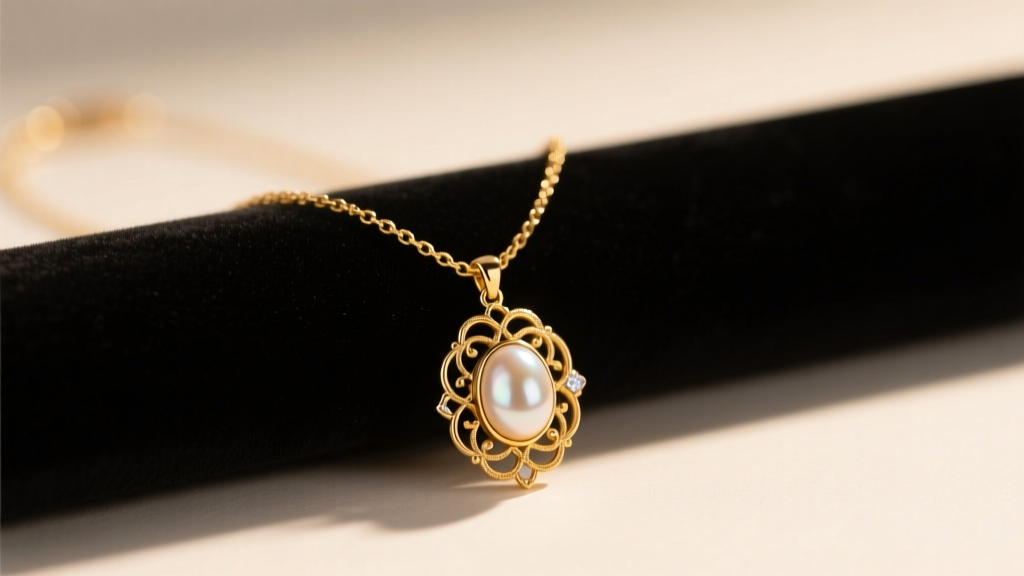 Vintage Francesca necklace with 14k gold filigree pendant and oval pearl resting on dark velvet under soft studio lighting