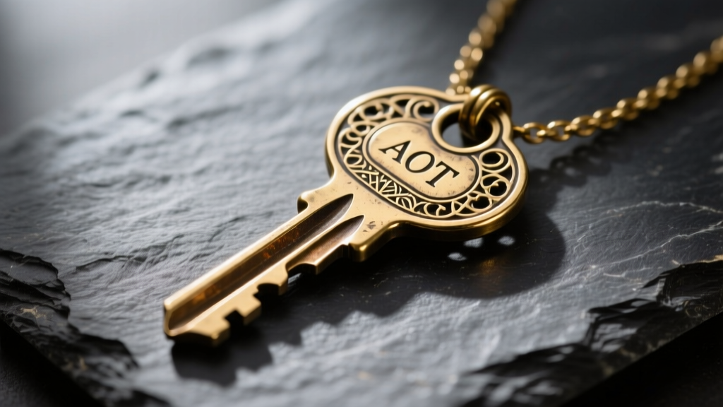 Close-up of a weathered brass AOT basement key necklace on dark slate, highlighting intricate warding and oxidized grooves.