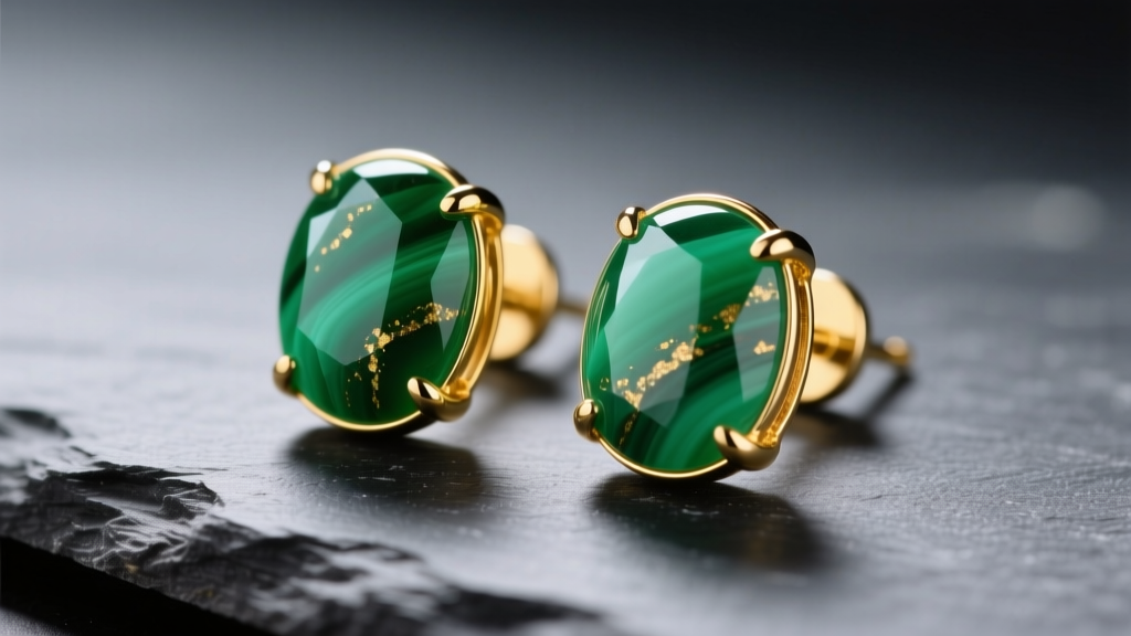 Close-up of apple-green gaspeite cabochon stud earrings in 14k yellow gold bezels on dark slate, soft studio lighting.