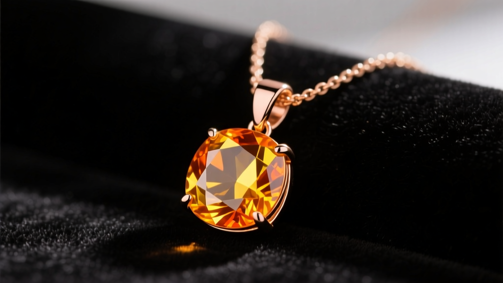 Close-up of a 3-carat topaz yellow necklace in 18k gold on dark velvet, warm lighting highlighting the gem fiery orange hue