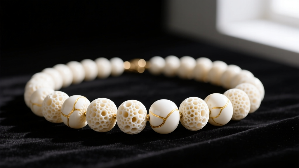 Antique white coral necklace on dark velvet, macro shot showing the porous texture and cream undertones of the carved beads.