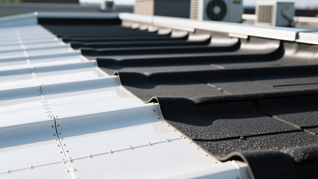 Close-up of a commercial roof showing bright white TPO membrane heat-welded at the seams next to a black EPDM rubber section