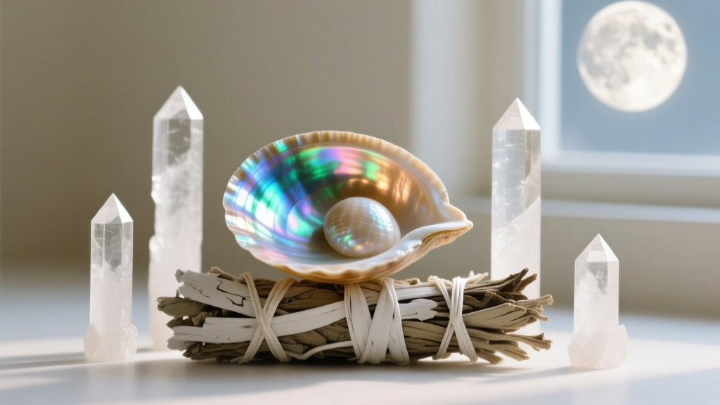 Iridescent abalone shell resting on white sage and clear quartz points, bathed in soft moonlight for gentle energetic cleansing