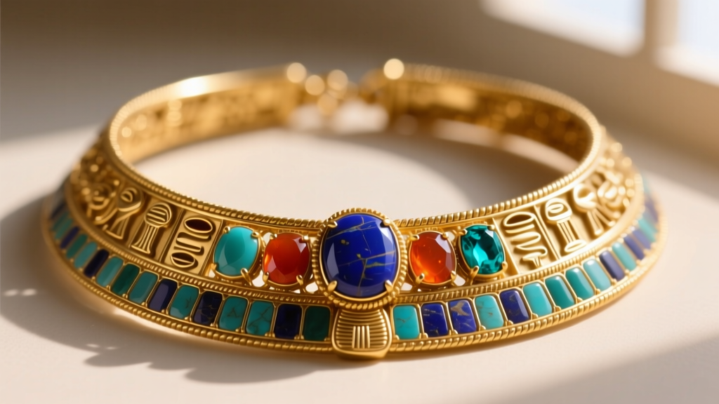 Close-up of a broad collar ancient Egyptian necklace replica featuring polished lapis lazuli, carnelian, and turquoise in 22k gold.