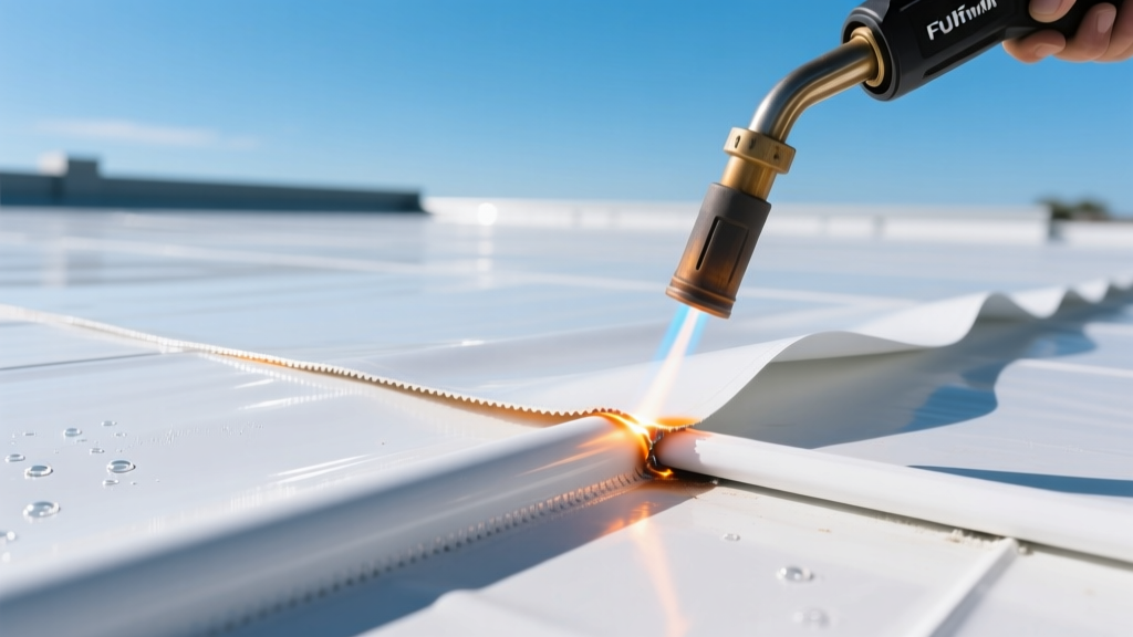 Close-up of white PVC single-ply roofing membrane being hot-air welded at seams on a commercial flat roof under clear skies