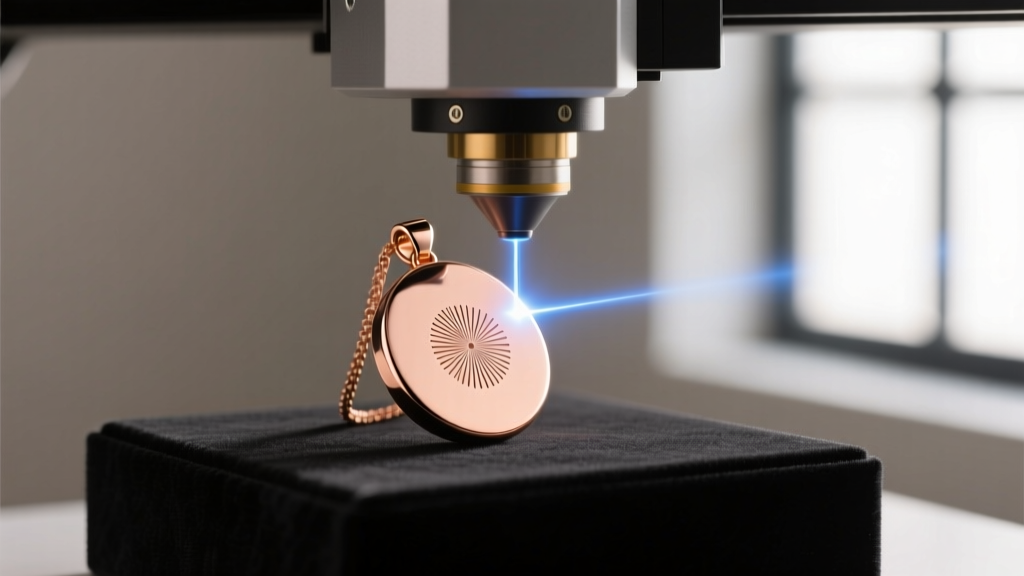 Modern fiber laser engraving machine precisely etching a millesimal fineness mark onto a matte-finished rose gold pendant surface