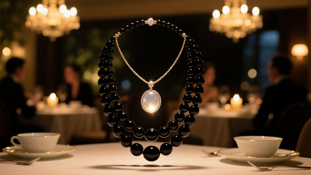 Layered necklace stack with a glowing pendant and matte black onyx beads, photographed in a dimly lit evening restaurant