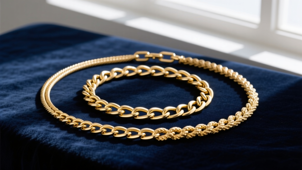 Flat lay of three gold chains on velvet: a cable, a flat curb, and a textured rope, showing tangle-free necklace layering options.