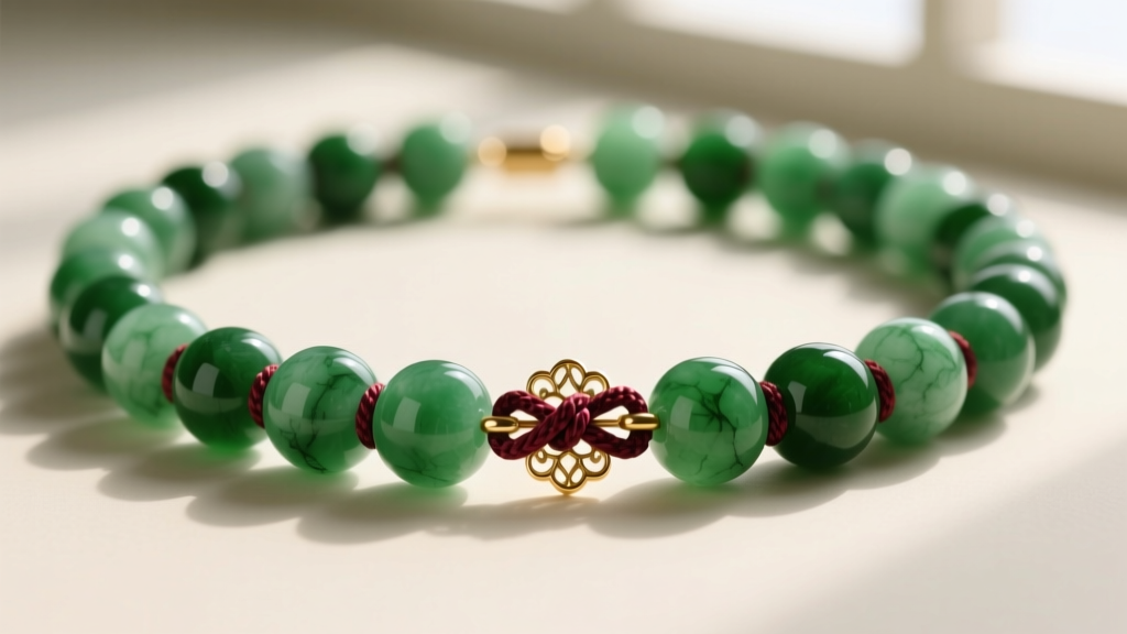 Close-up of a vintage jadeite bead necklace with emerald green translucent stones, showing intricate silk knotting and a gold clasp