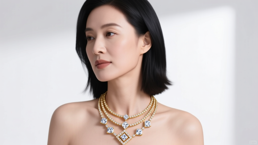 Woman wearing a three-strand gold vermeil and zirconia queen's collar over a crisp white button-down shirt in soft daylight.