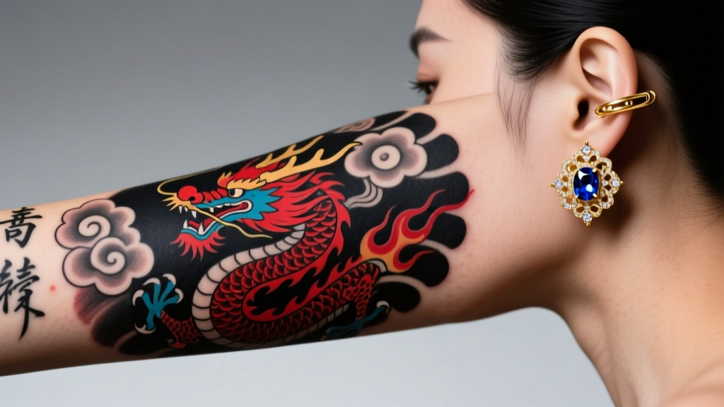 Close-up of a neo-traditional dragon tattoo sleeve paired with an 18k gold and sapphire ear curation under soft studio lighting.