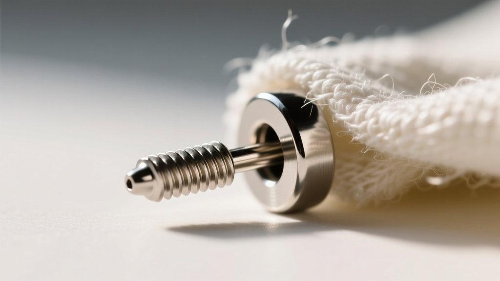 Macro shot of a 16-gauge titanium cartilage stud being gently wiped with a microfiber cloth, highlighting the threaded post.