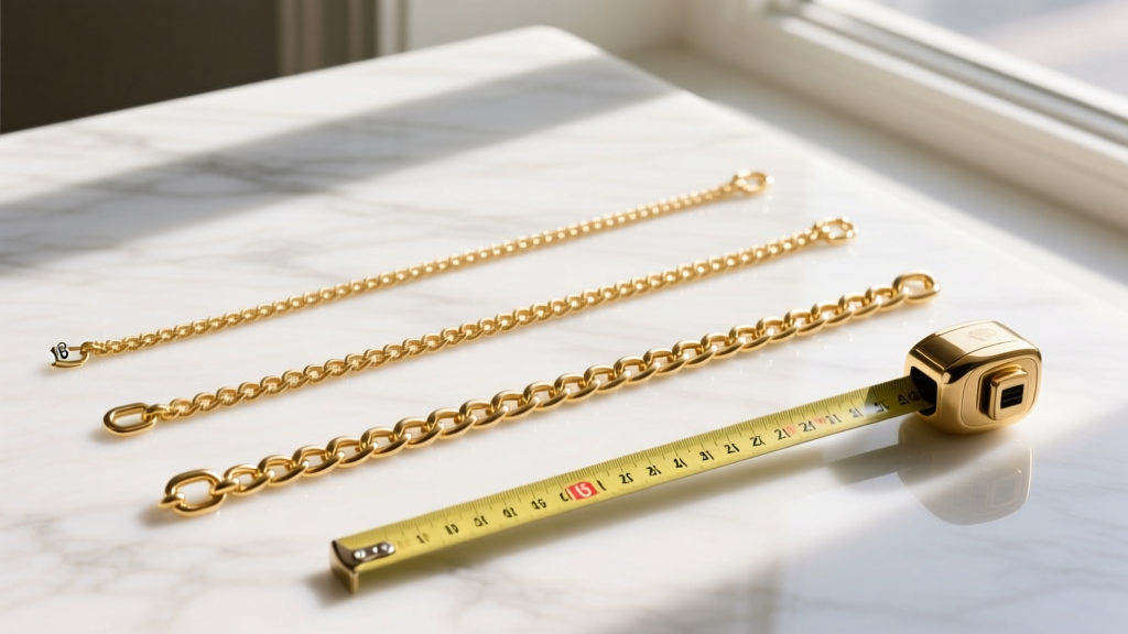 Flat lay of three gold chains measuring 16, 18, and 22 inches, arranged on white marble alongside a small brass measuring tape.