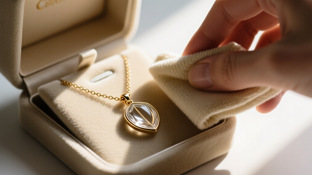 Soft microfiber cloth wiping a brass mood necklace chain, with the glass pendant safely tucked away to avoid moisture damage.