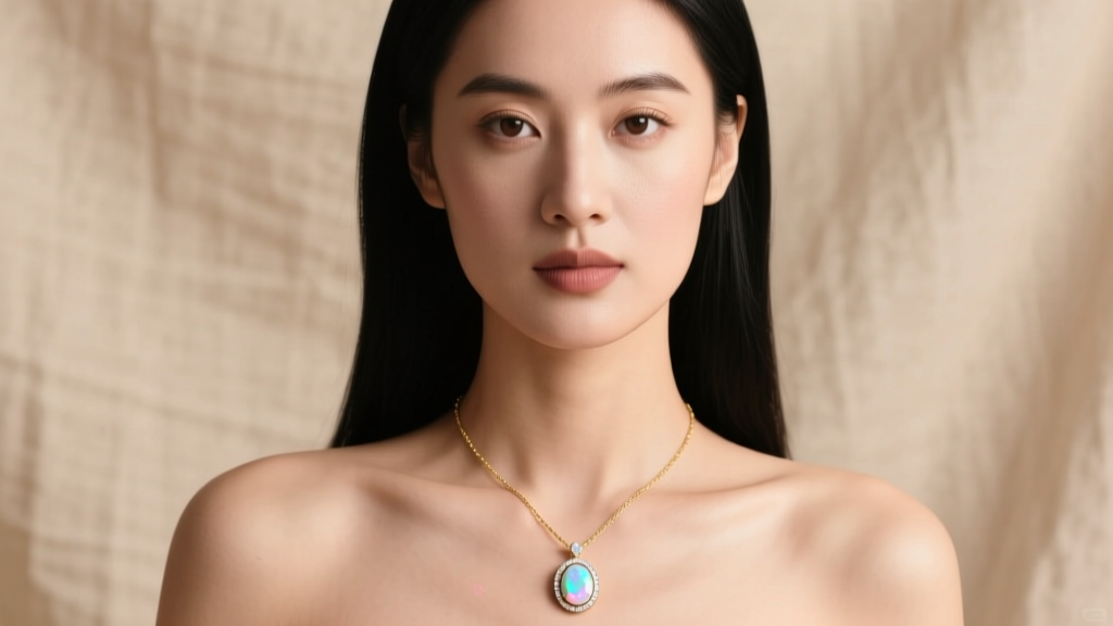 Elegant woman wearing a 14k gold necklace with a bezel-set Australian white opal pendant against a neutral linen backdrop