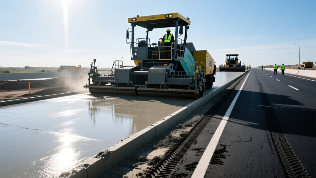 Heavy slip-form paver laying a fresh concrete highway lane next to a completed black asphalt road under bright midday construction lighting