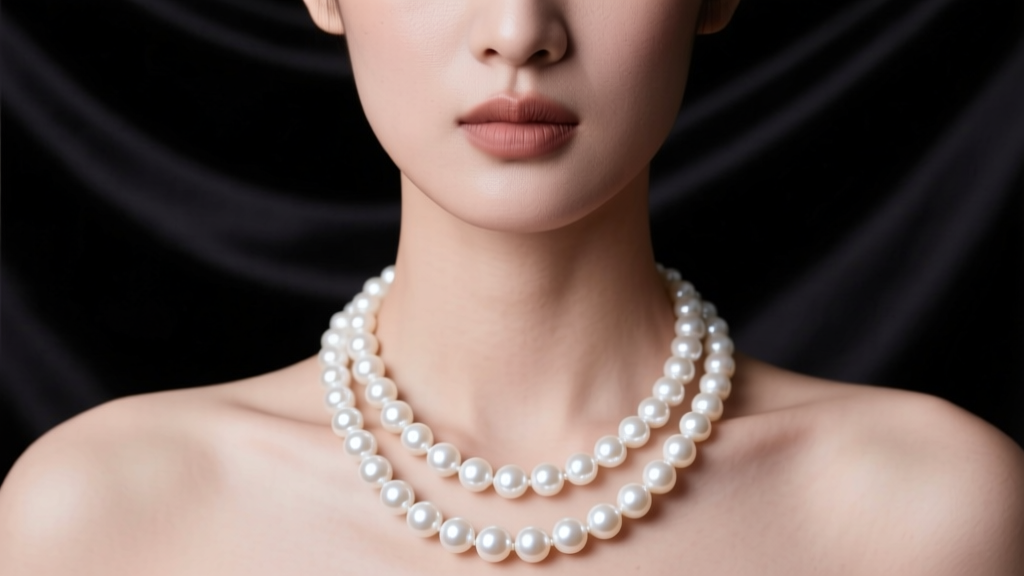 Close-up of a model wearing an 18-inch white Akoya pearl necklace, showing fluid drape and high-contrast luster against dark silk