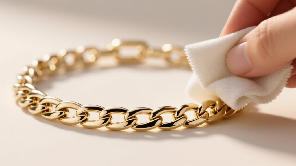 Macro shot of a thick 18k white gold Figaro chain necklace being gently wiped with a microfiber polishing cloth under warm lighting.