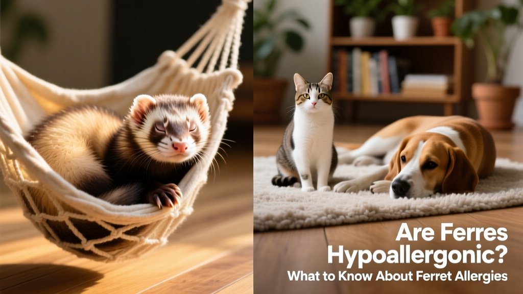 Side-by-side comparison: a relaxed ferret curled in a hammock and a calm cat sitting beside a dog on a rug