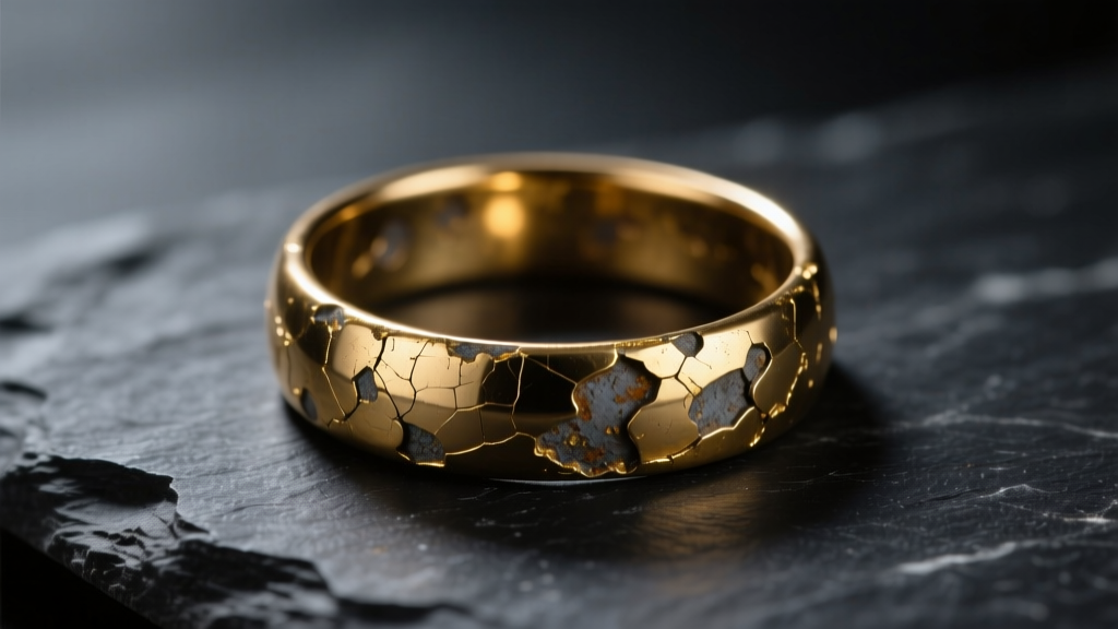 Tarnished brass ring with flaking gold plating on dark slate, side lighting highlighting the worn texture and exposed base metal.