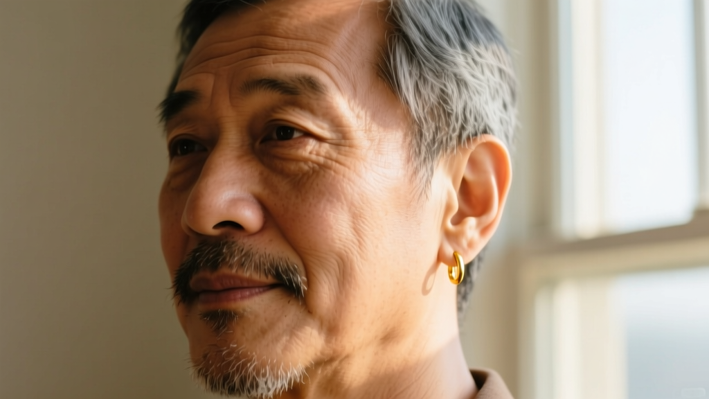 Vintage 1980s polaroid portrait of a man wearing a single small gold hoop in his right ear lobe with warm film grain