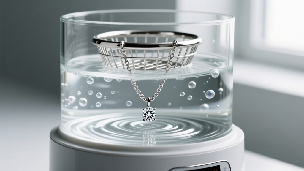 Small ultrasonic cleaner vibrating a steel water basket, holding a silver chain and one diamond stud earring just below the water.