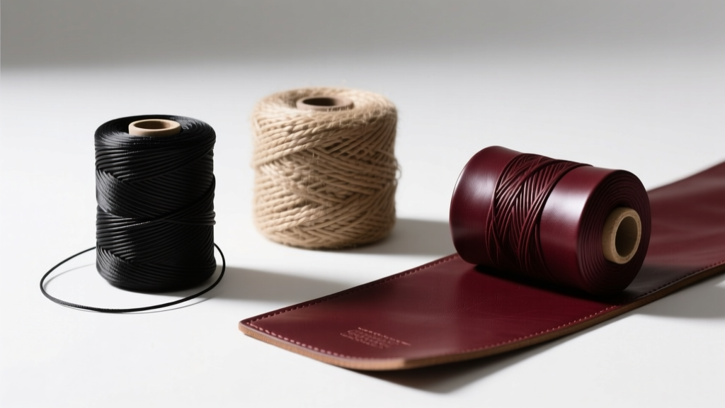Spools of black nylon knotting cord, natural hemp, and burgundy leather arranged on a white surface under studio lights.