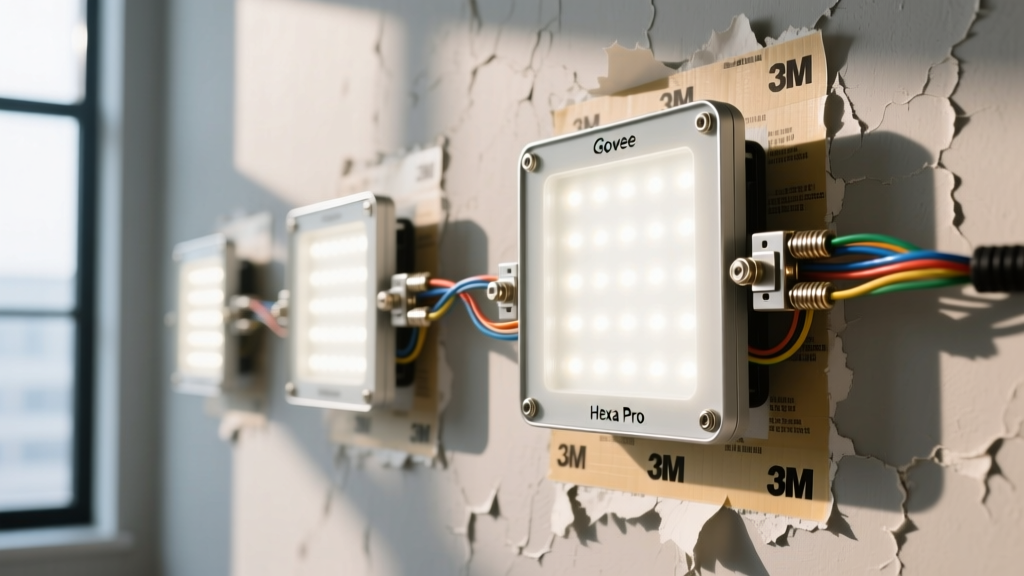 Govee Hexa Pro light panels mounted on textured drywall showing peeling 3M VHB adhesive tape and exposed wiring connectors
