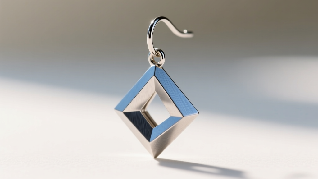 Macro photography of an 18-gauge anodized titanium asymmetrical geometric dangle earring showing precise CNC-milled brushed edges