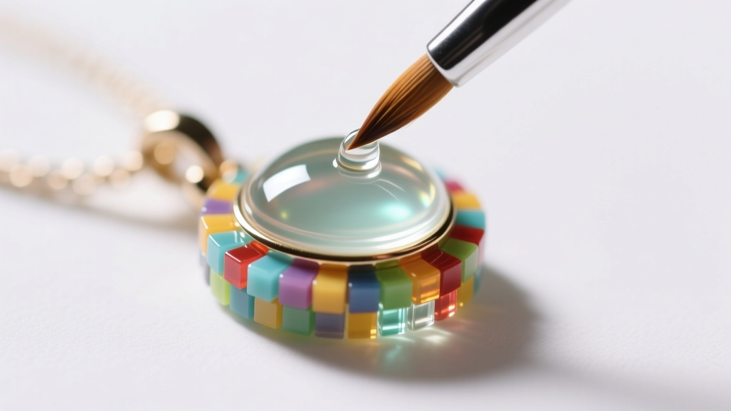 Macro shot of clear UV resin applied with a fine brush to a perler bead pendant, highlighting a glossy, durable sealed finish.