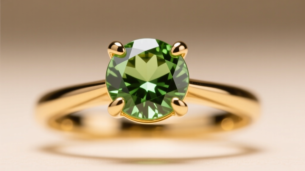 Macro shot of a 4-prong setting holding a round peridot, showing gold prong thickness and stone girdle against a blurred backdrop.