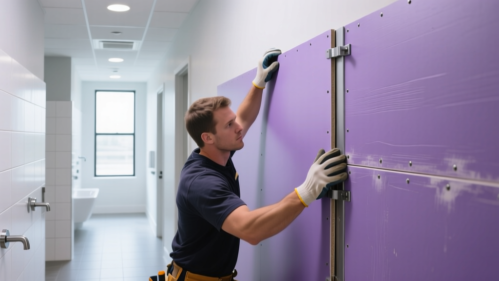 Close-up of a contractor installing purple-faced moisture-resistant and impact-rated drywall panels in a brightly lit commercial bathroom corridor