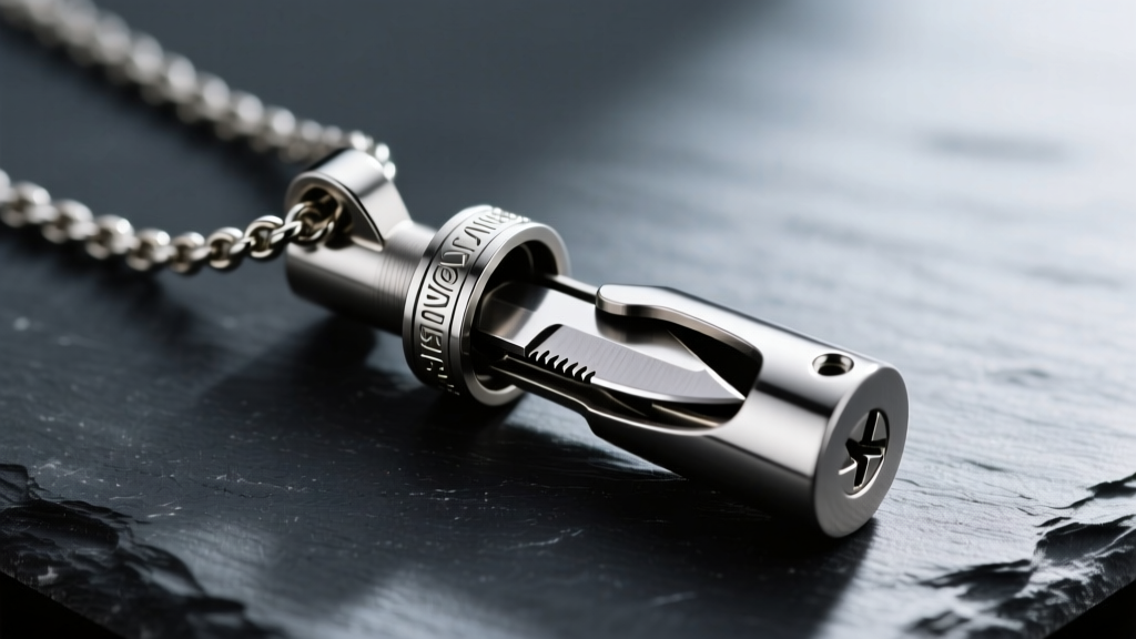 Close-up of a titanium hidden knife necklace pendant unscrewed to reveal a micro blade, resting on a dark slate background.